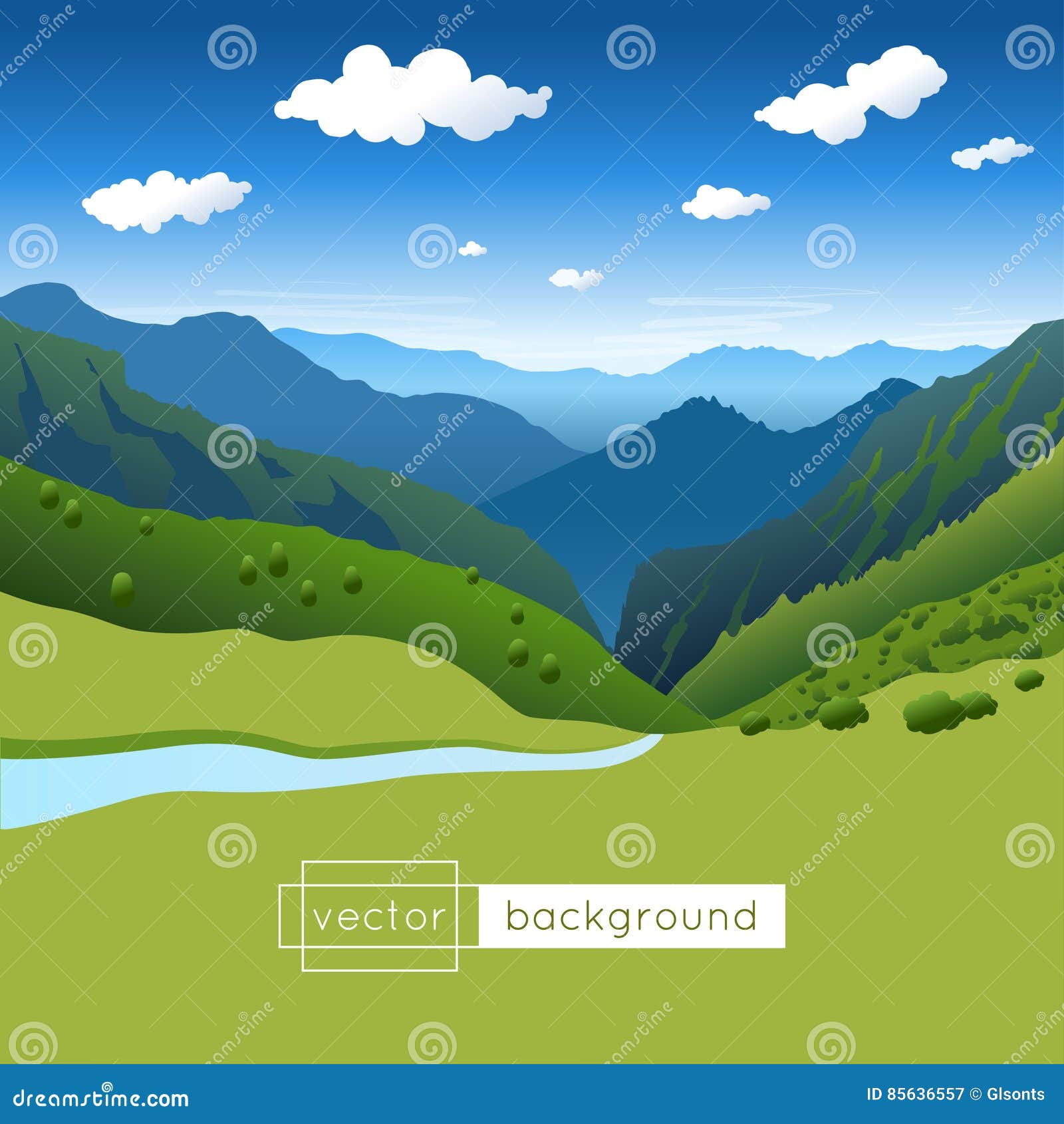 Vector Landscape with Blue Sky, Mountains, River and Clouds Stock
