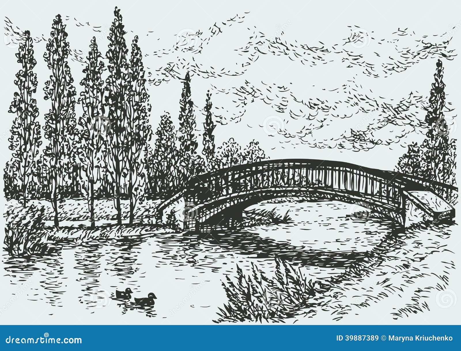  landscape. bridge over river and poplars along the road