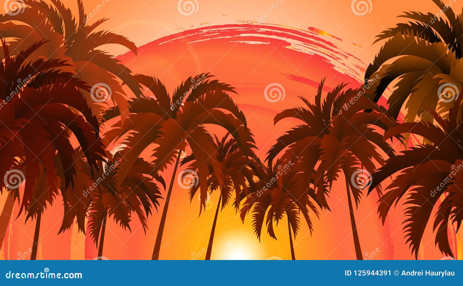 Vector Landscape of Palm Trees on a Background of Abstract Sky and Sun ...