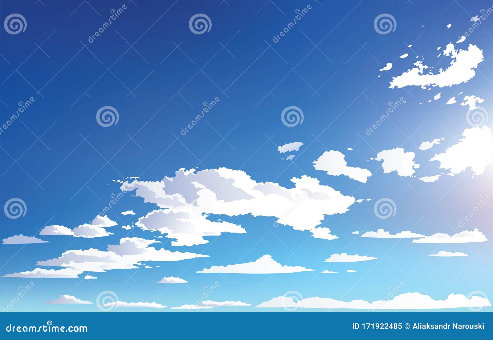 Cloudy sky background. Cartoon atmospheric anime scenery wit