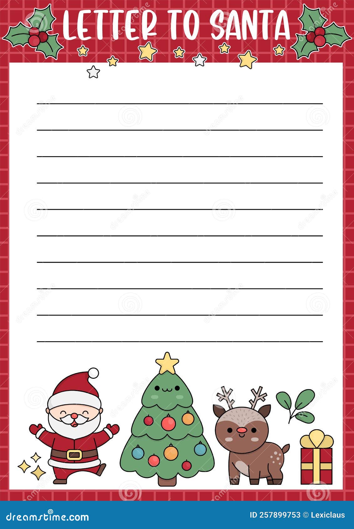 Vector Letter To Santa Claus Template. Cute Kawaii Christmas Card ...