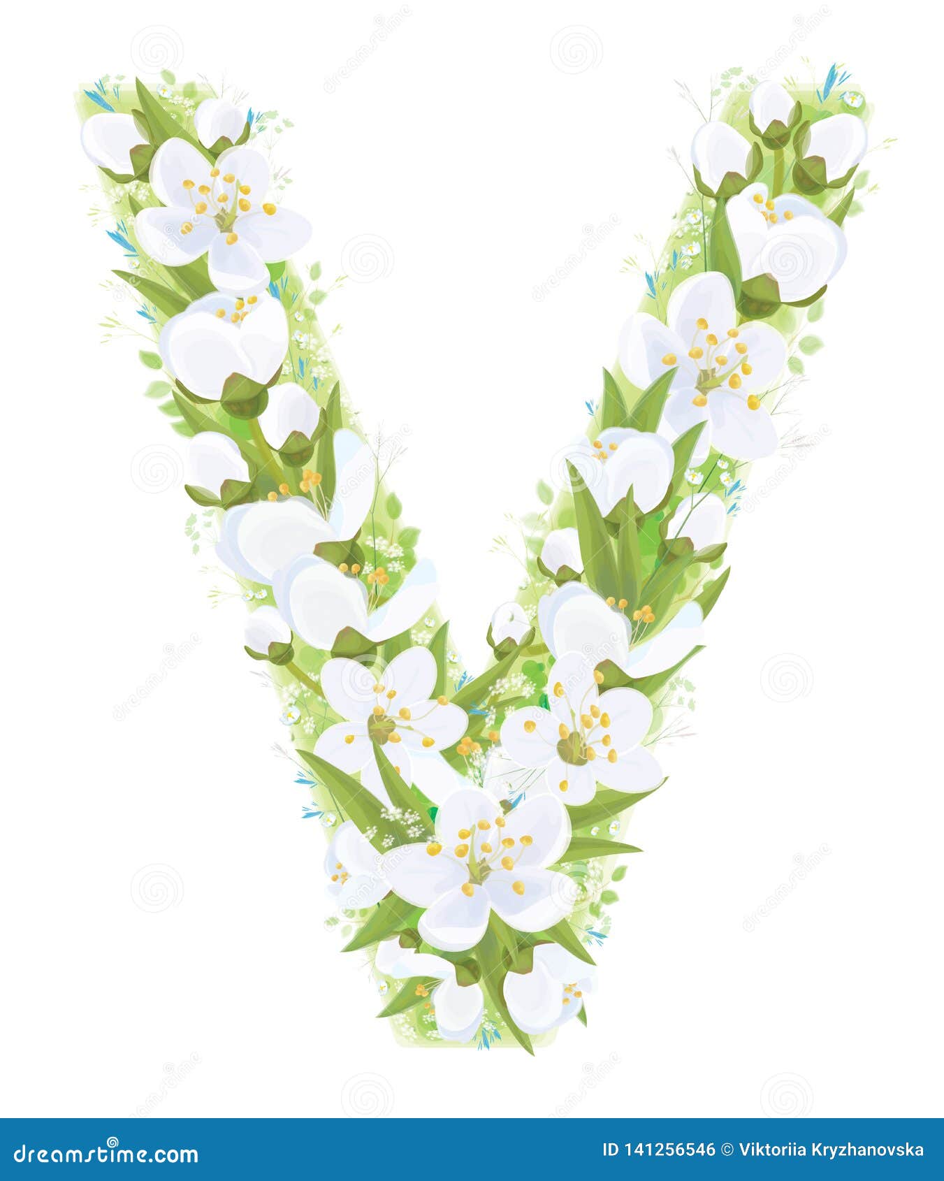 Vector Letter V Decorated White Flowers and Leaves Pattern. Stock