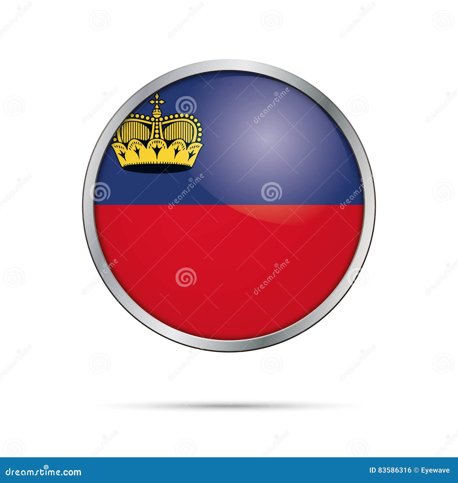 Round button with metal frame. Illustration of flag of Russia