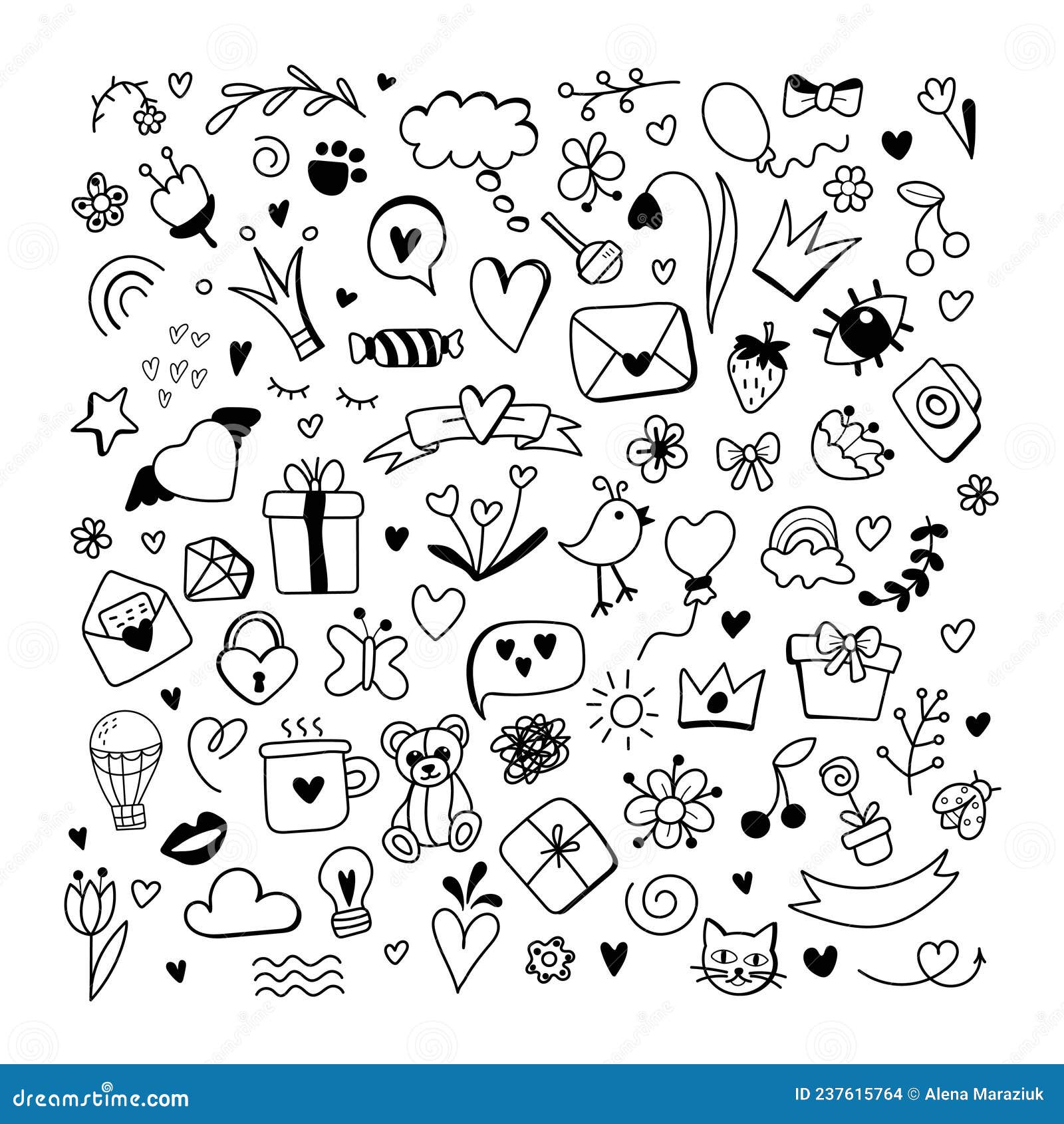 Vector Line Art Doodle Cartoon Set of Objects and Symbols. Valentine S ...