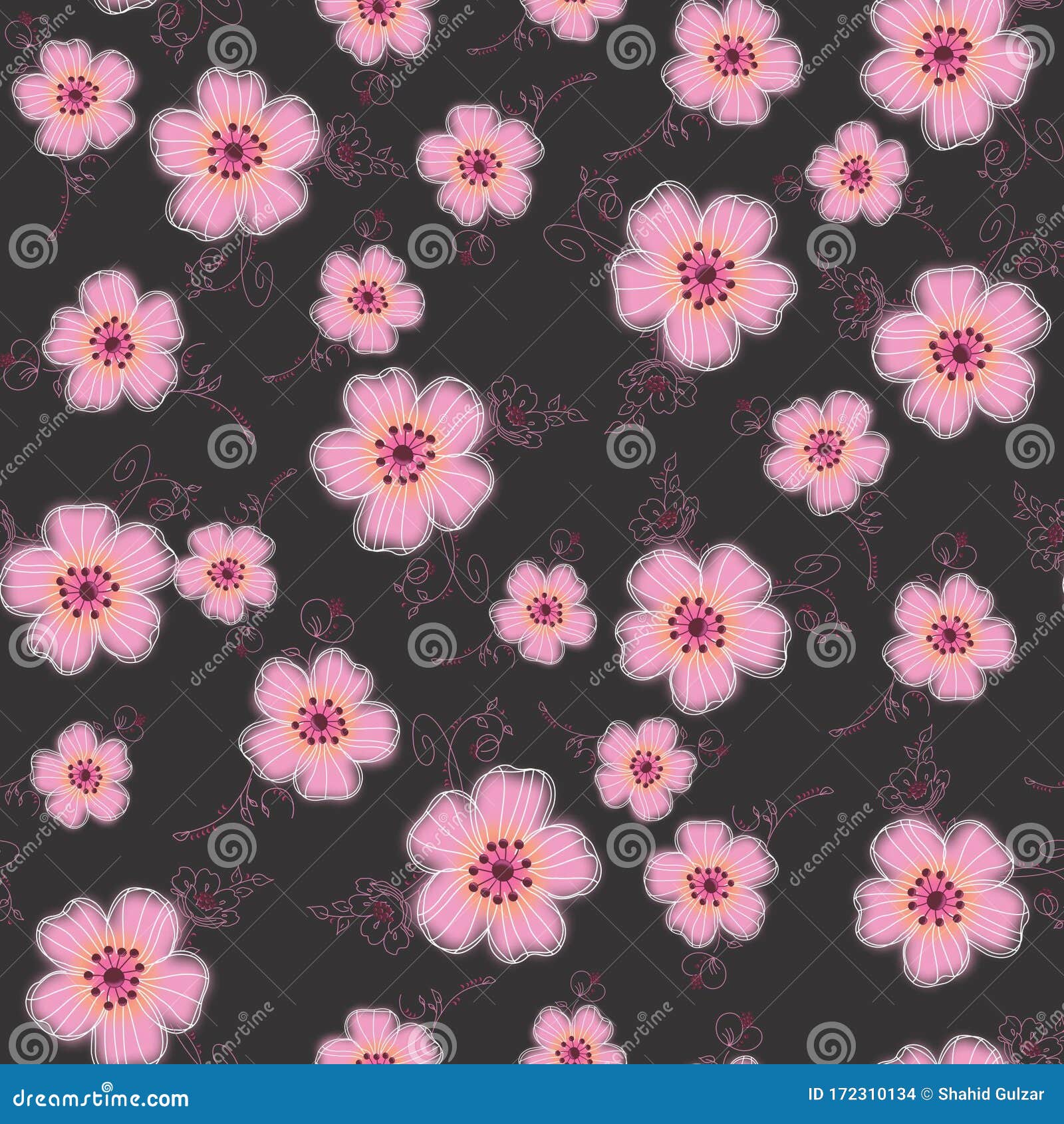 Vector Line Drawing Pink Flower with Light Yellow Lines Seamless on Black  Background Wrap Paper Poster Wallpaper Stock Illustration - Illustration of  yellow, pink: 172310134