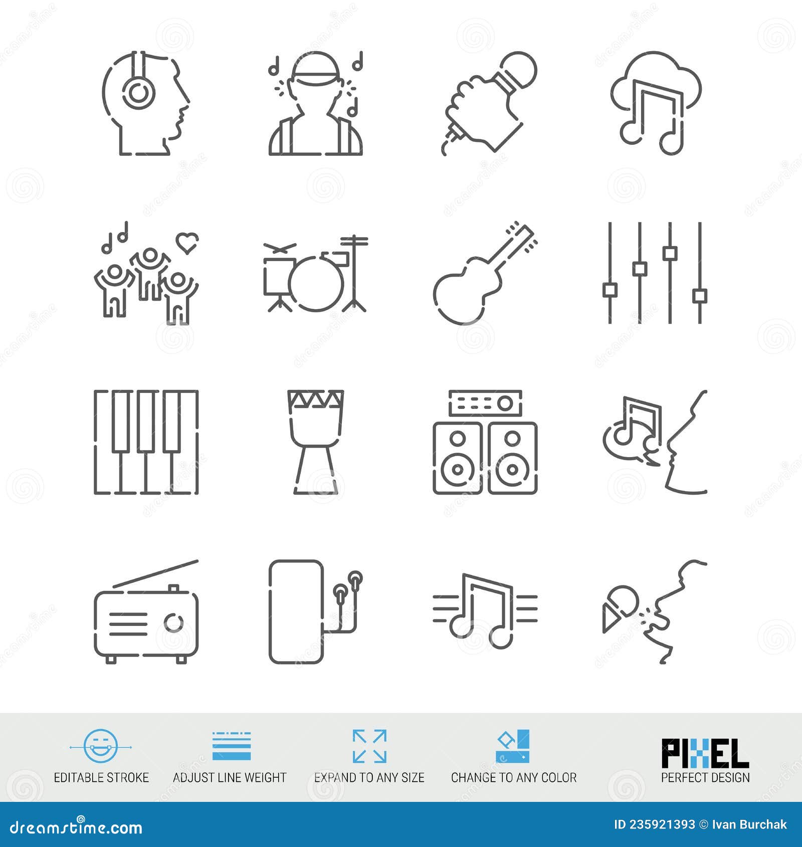  line icon set. music related linear icons. musical s, pictograms, signs
