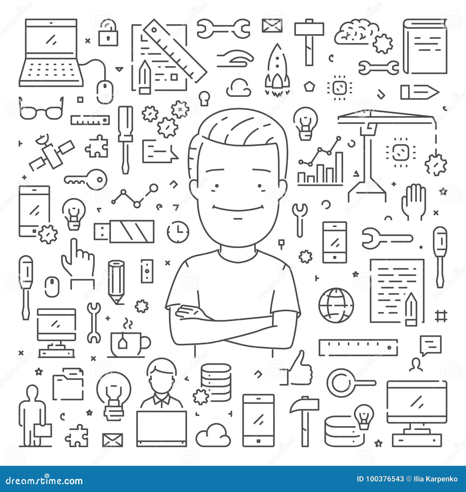 Vector Line Web Banner for Computer Engineering Stock Illustration