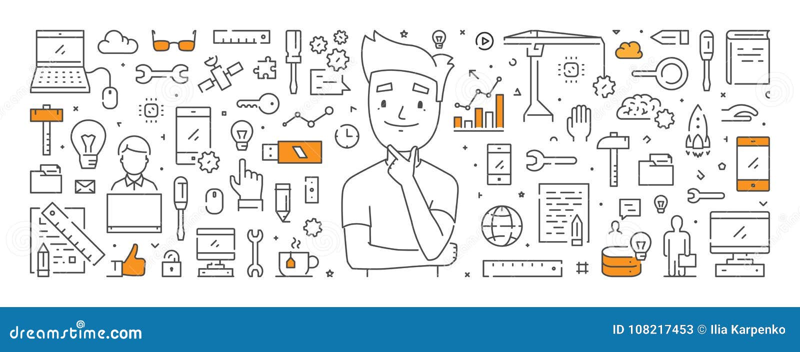 Vector Line Web Banner for Computer Engineering Stock Illustration