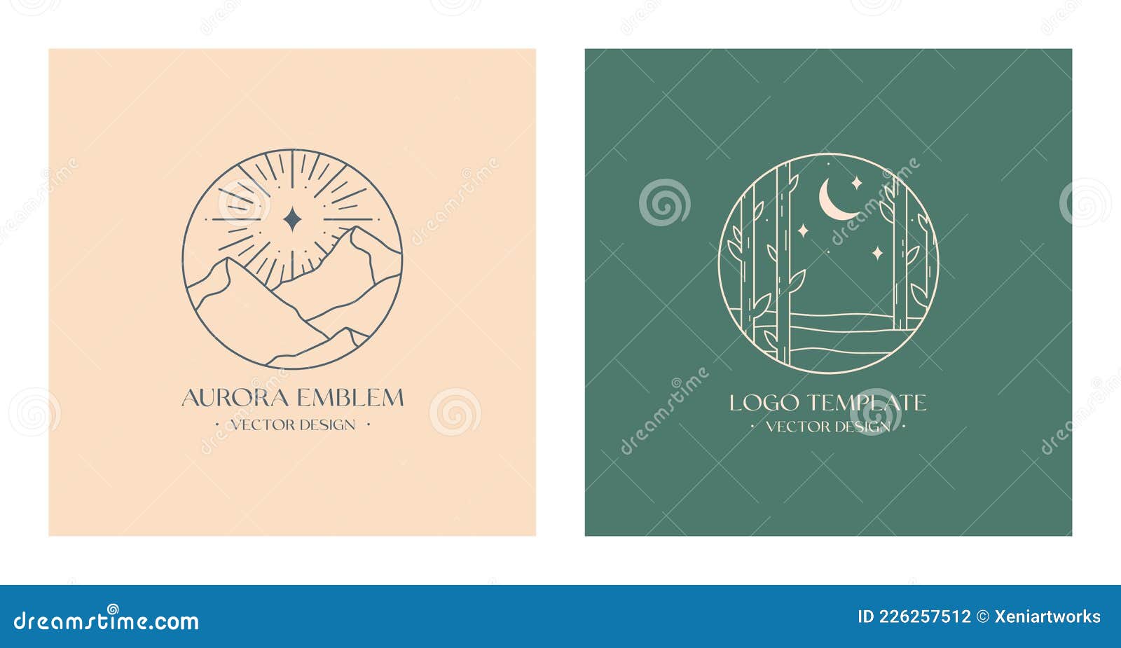  linear boho emblems with abstract forest and mountains landscape