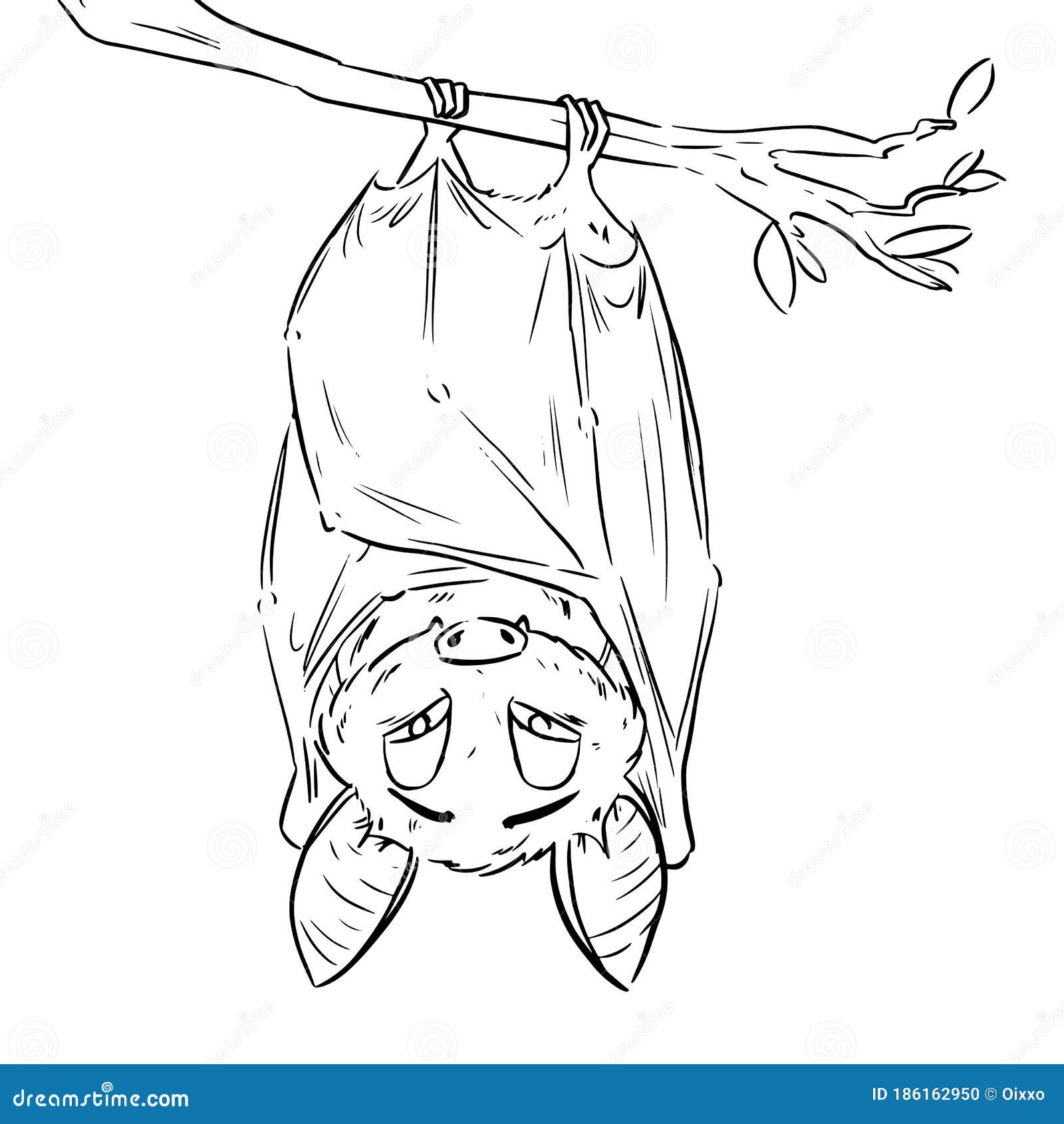 Vector Linear Illustration of the Flying Bat Hanging Upside Down. Funny