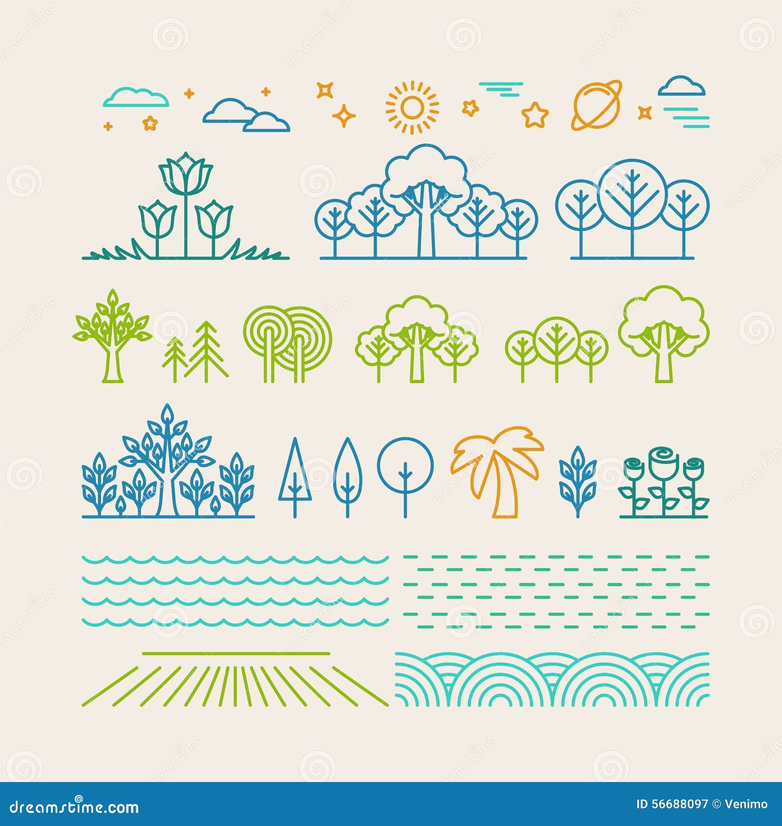 Vector Linear Landscape Icons Stock Vector - Illustration of decorative ...