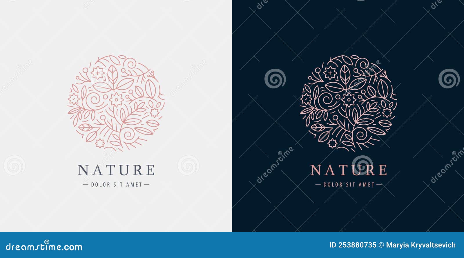  linear plant logo. circle luxury organic emblem. abstract badge for natural products, flower shop, cosmetics