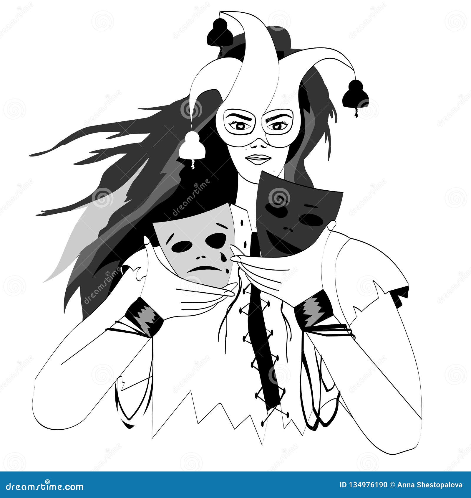 Vector Lines. Girl Holding Mask Stock Vector Illustration of