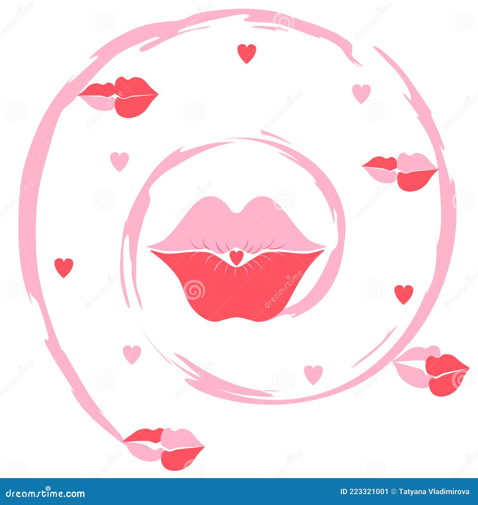Vector Lips, Hearts, Kisses are Arranged in a Spiral. Stock Vector