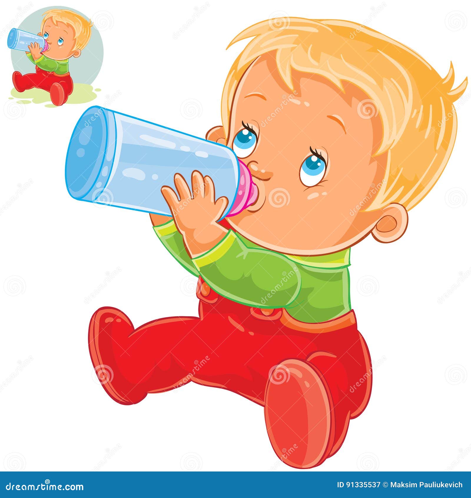 Vector Little Child is Drinking Milk Formula from a Baby Bottle. Stock  Vector - Illustration of sitting, character: 91335537