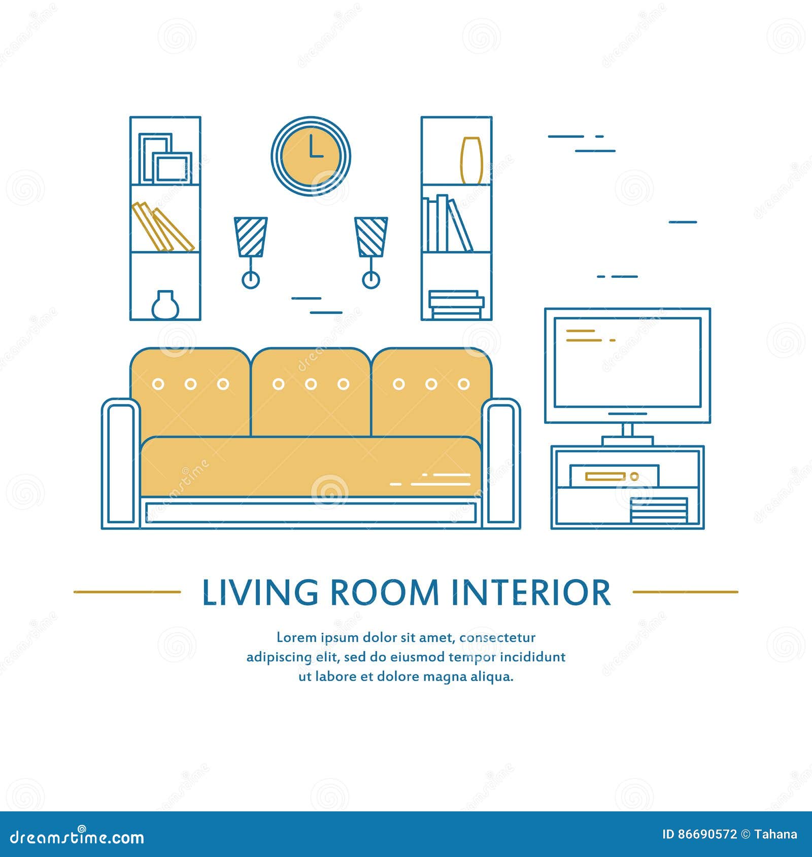 Vector Living Room Interior Design Brochure Cover In Line