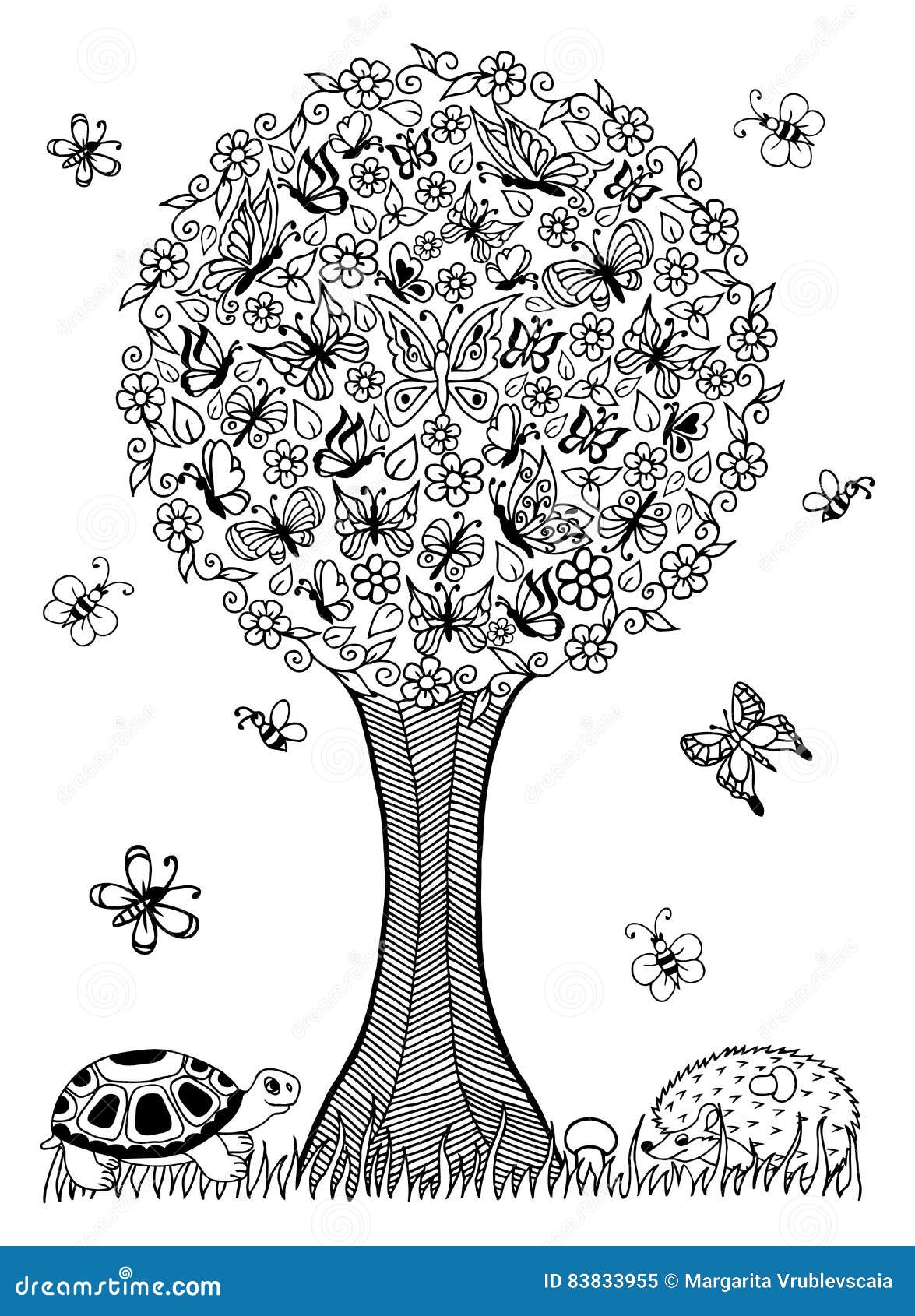 Vector lo zentagl dell illustrazione la tartaruga e l istrice sotto un albero delle farfalle Disegno di scarabocchio Esercizi me Libera da Diritti