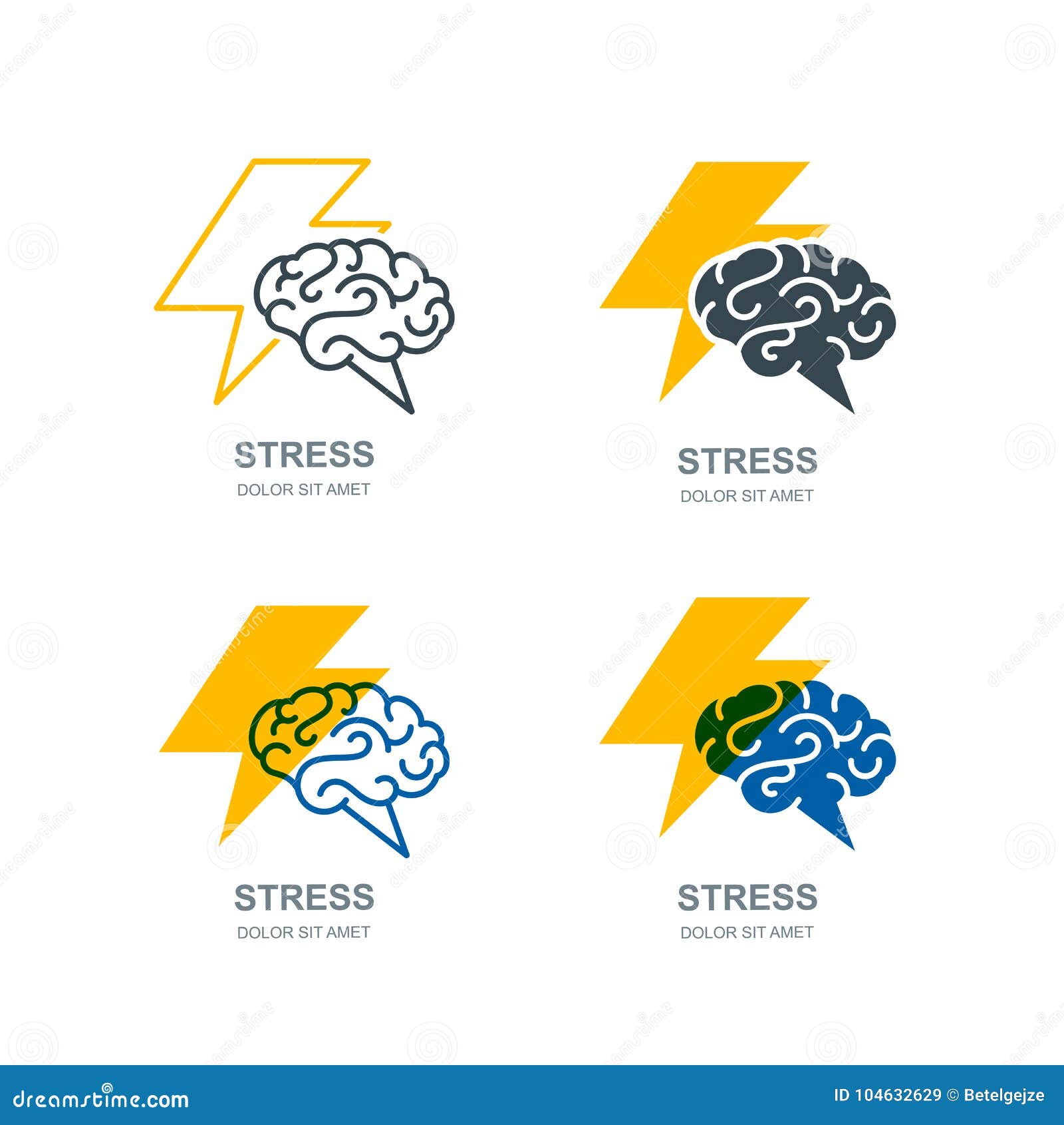 Vector Logo des menschlichen Gehirns und des Blitzes, Zeichen Konkurrenzfähiger junger Mann Brainstorming und Kreativität lokalis. Vektorsatz Logo des menschlichen Gehirns und des Blitzes, Zeichen oder Emblemdesign Druck, Kopfschmerzen und nervöses Konzept Brainstorming und Kreativität lokalisierte Illustration