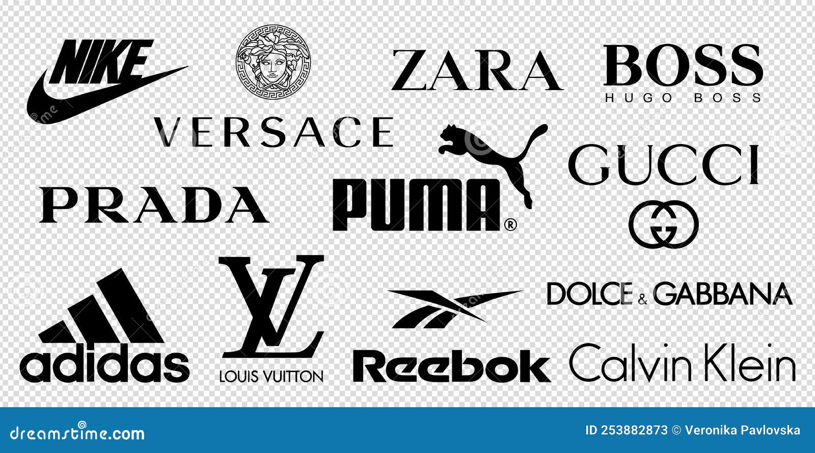 Chanel Dior Luxury clothing brands logo set. Chanel, Dior, Louis Vuitton  LV, Prada, Gucci icons. Vector editorial illustration Stock Vector