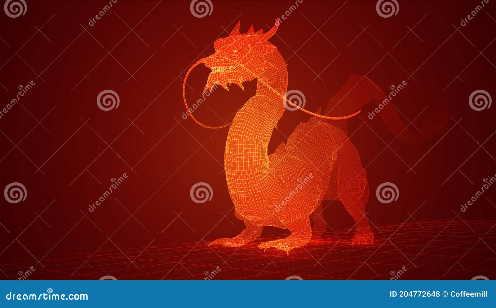  long dragon snake on red background in 3d polygon style