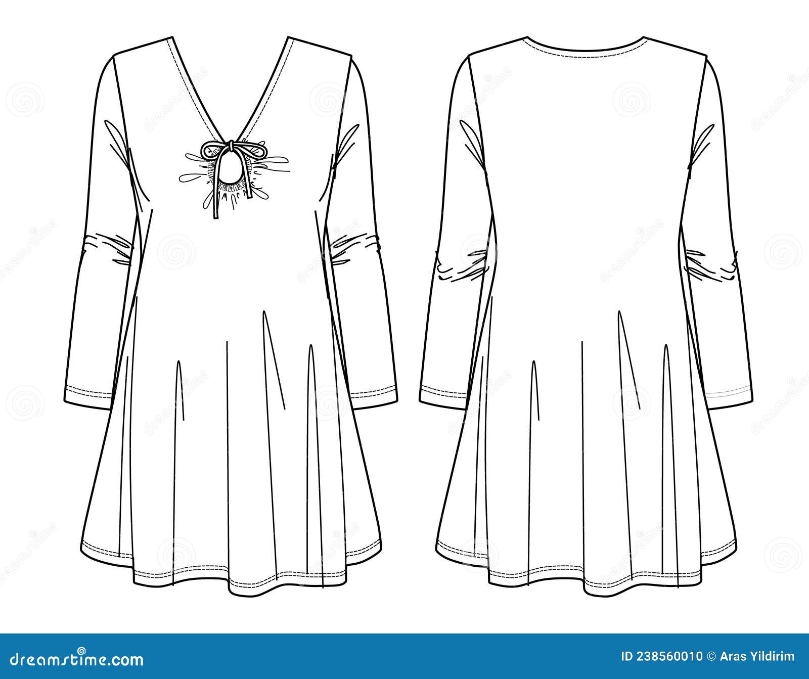Vector Long Sleeve V-neck Mini Dress Technical Drawing Stock Vector ...