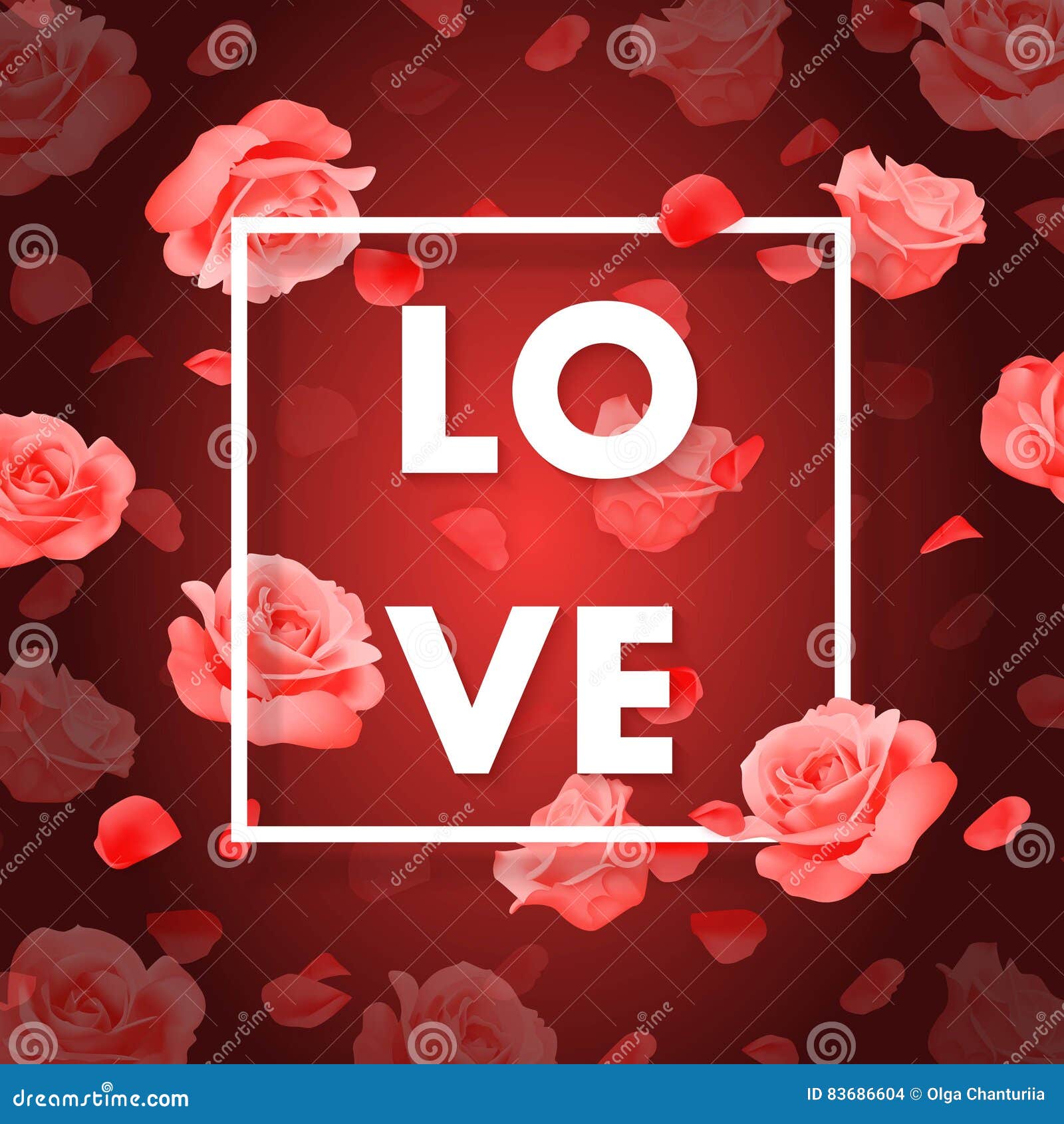 Vector Love Background with Frame, Roses and Petals on the Red