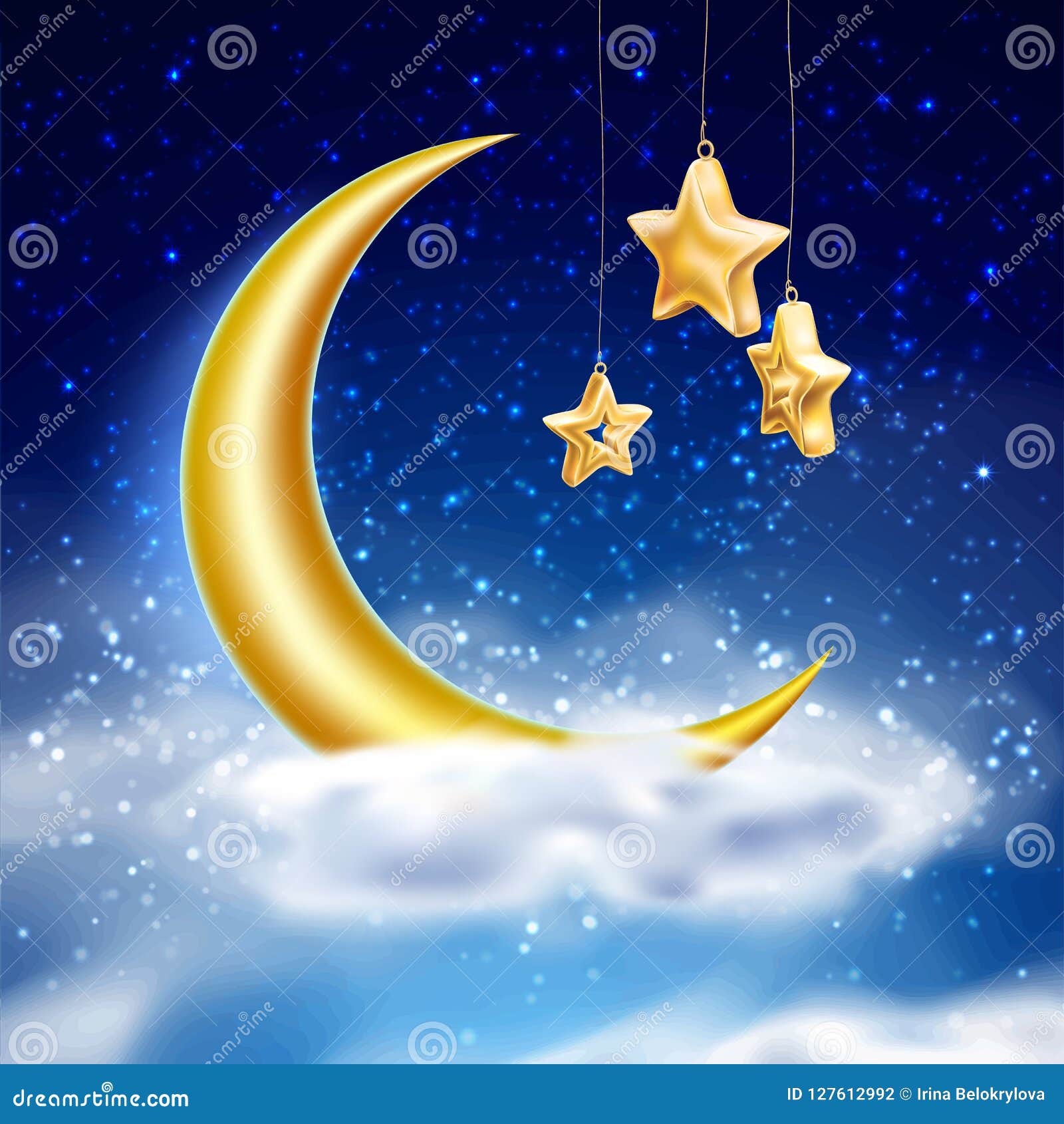 Night Sky Moon Stars Clouds Midnight Blue Metallic Gold Feature Wallpaper