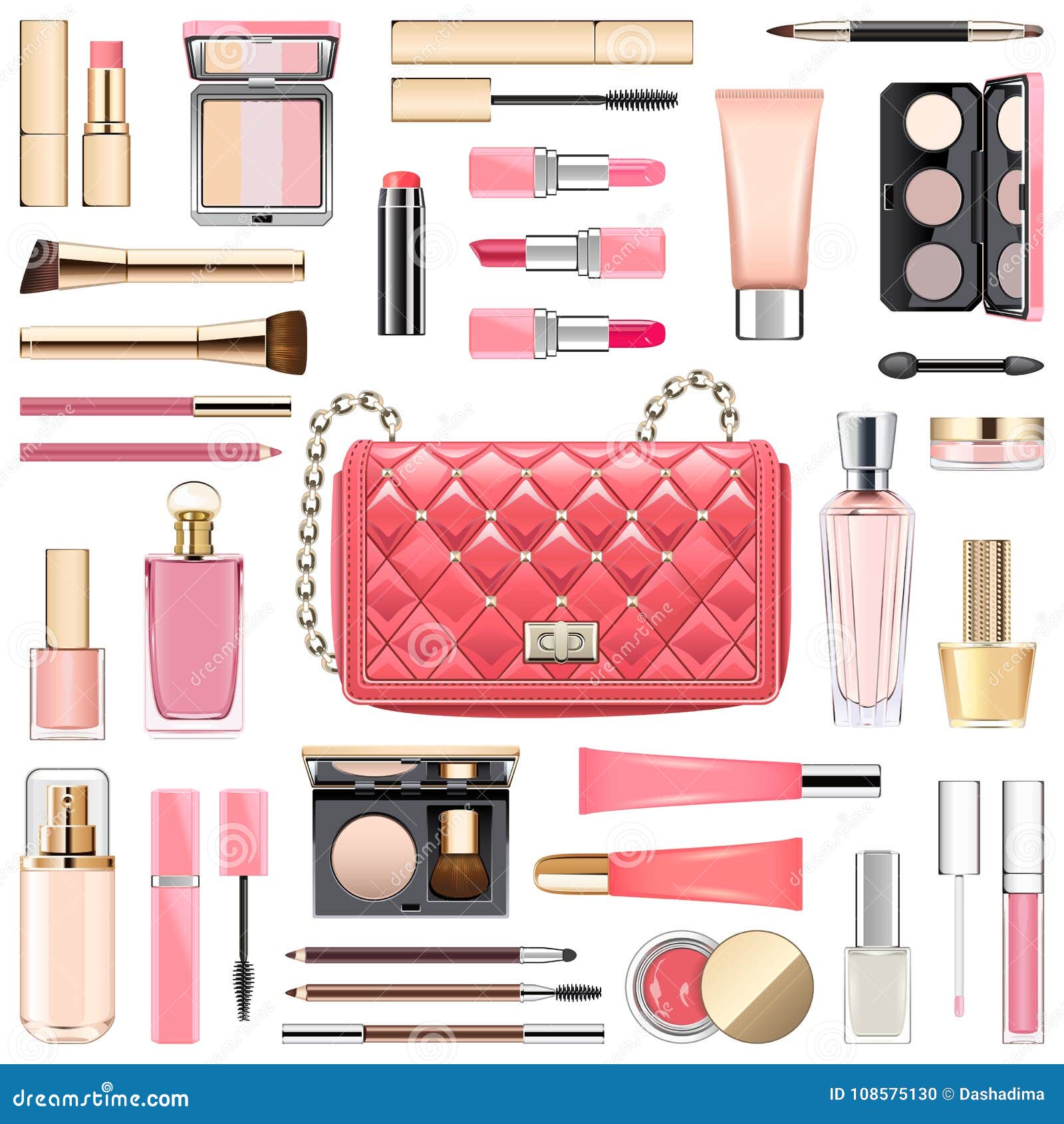  makeup cosmetics with pink handbag