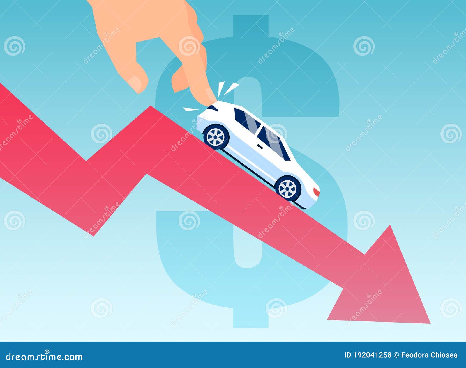  of a man pushing down a car on a financial graph. automobile depreciation