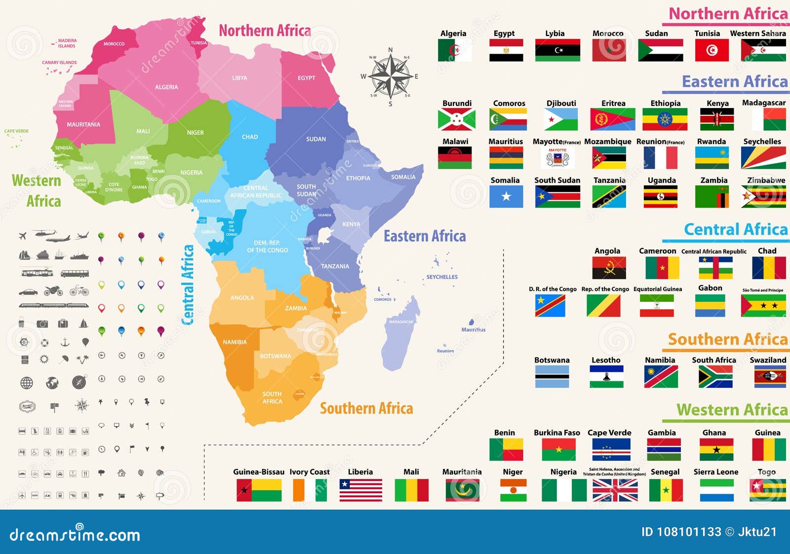  map of africa continent colored by regions. all flags of african countries arranged in alphabetical order