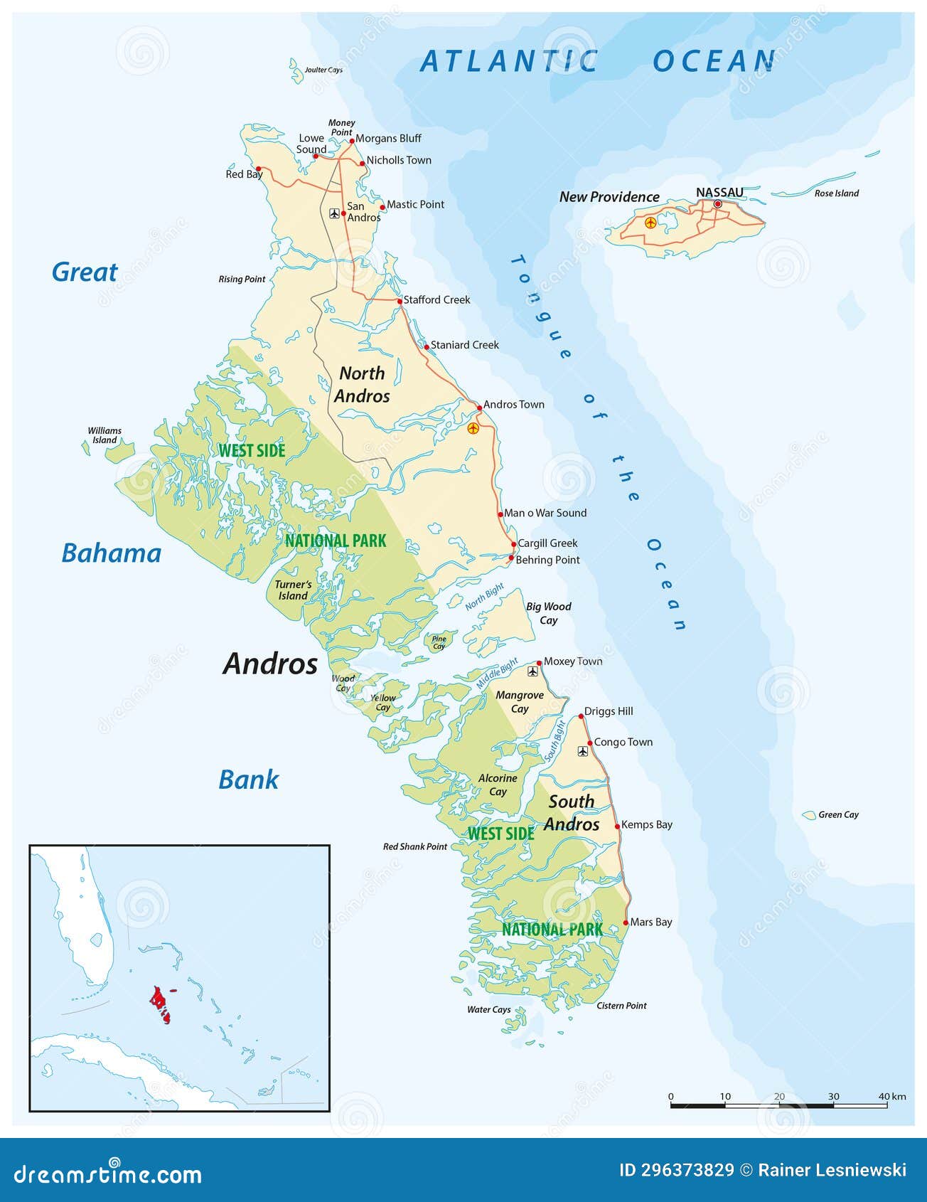 Andros Bahamas Hotels; Vector Map of Andros Island and New Providence, Bahamas Stock