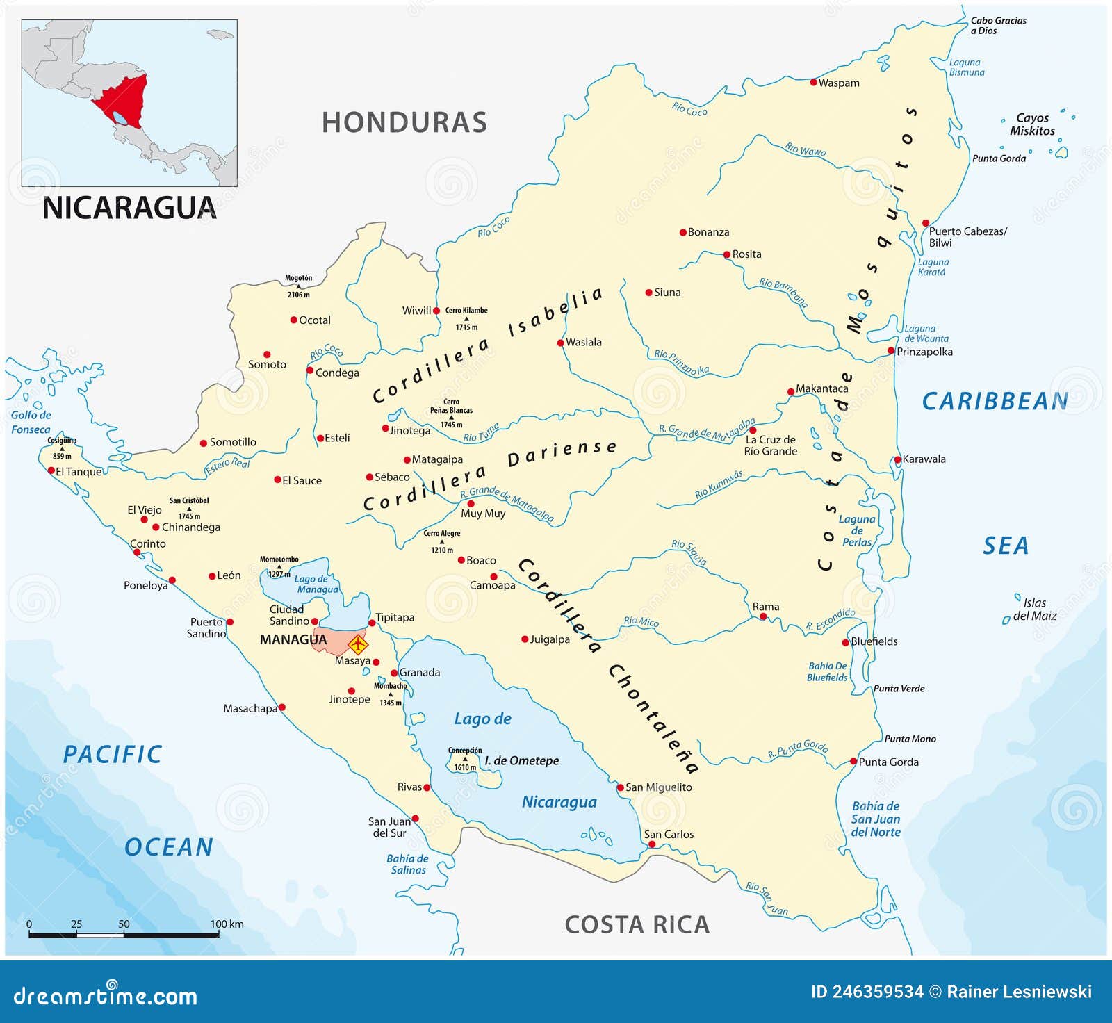 Vector Map of the Central American State of Nicaragua Stock Vector