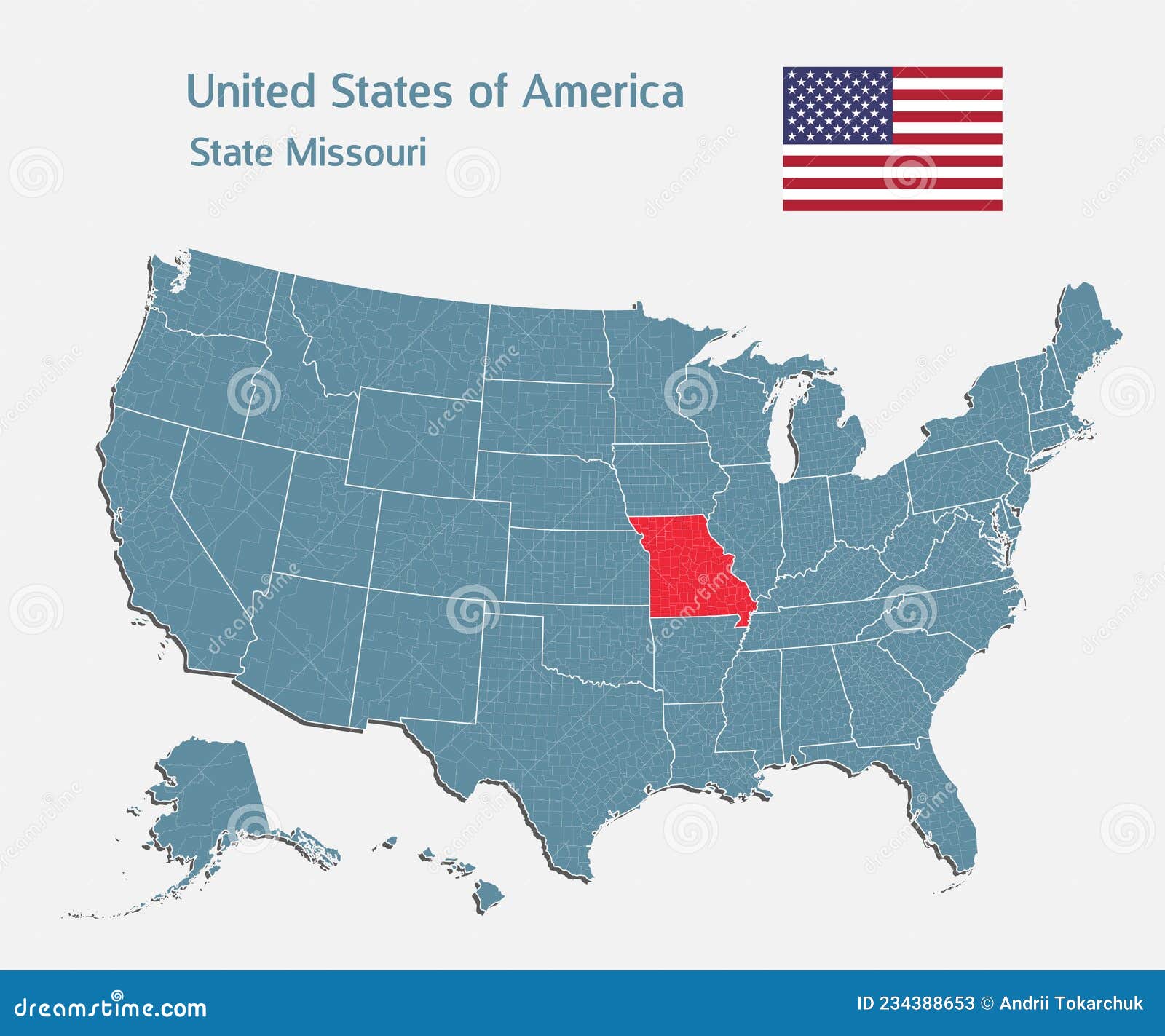 Vector Map Country Usa State Missouri United States America High Detailed Illustration Divided Blank Isolated White 234388653 