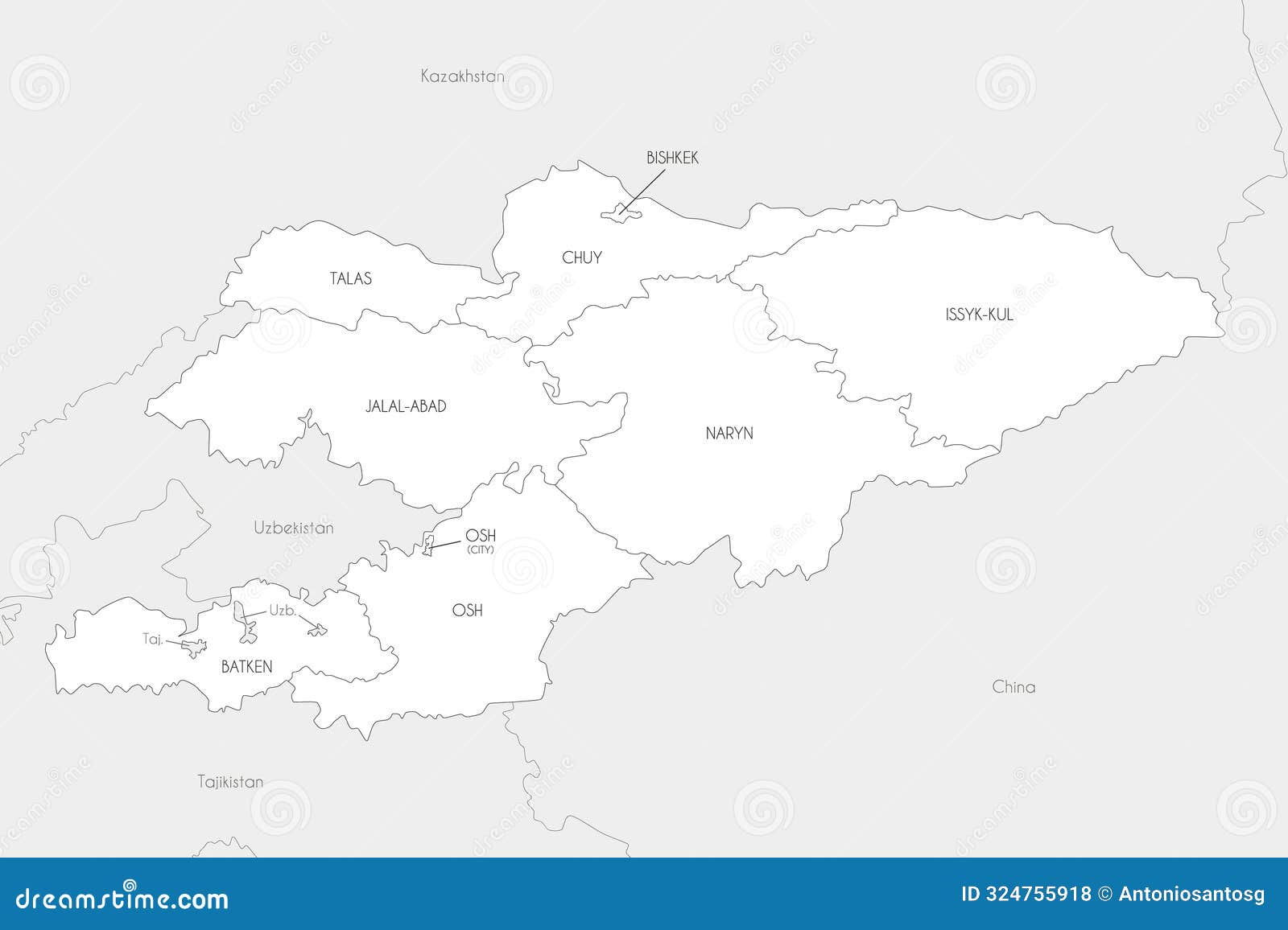  map of kyrgyzstan with regions and administrative divisions, and neighbouring countries and territories.