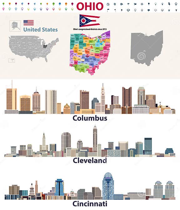 Vector Map and Major Cities of Ohio State Stock Vector Illustration