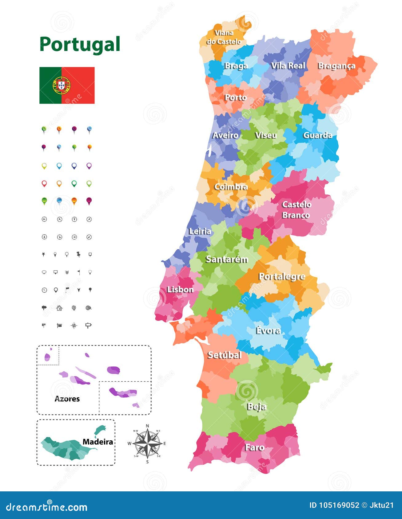 Printable Vector Map of Portugal with Districts - Single Color