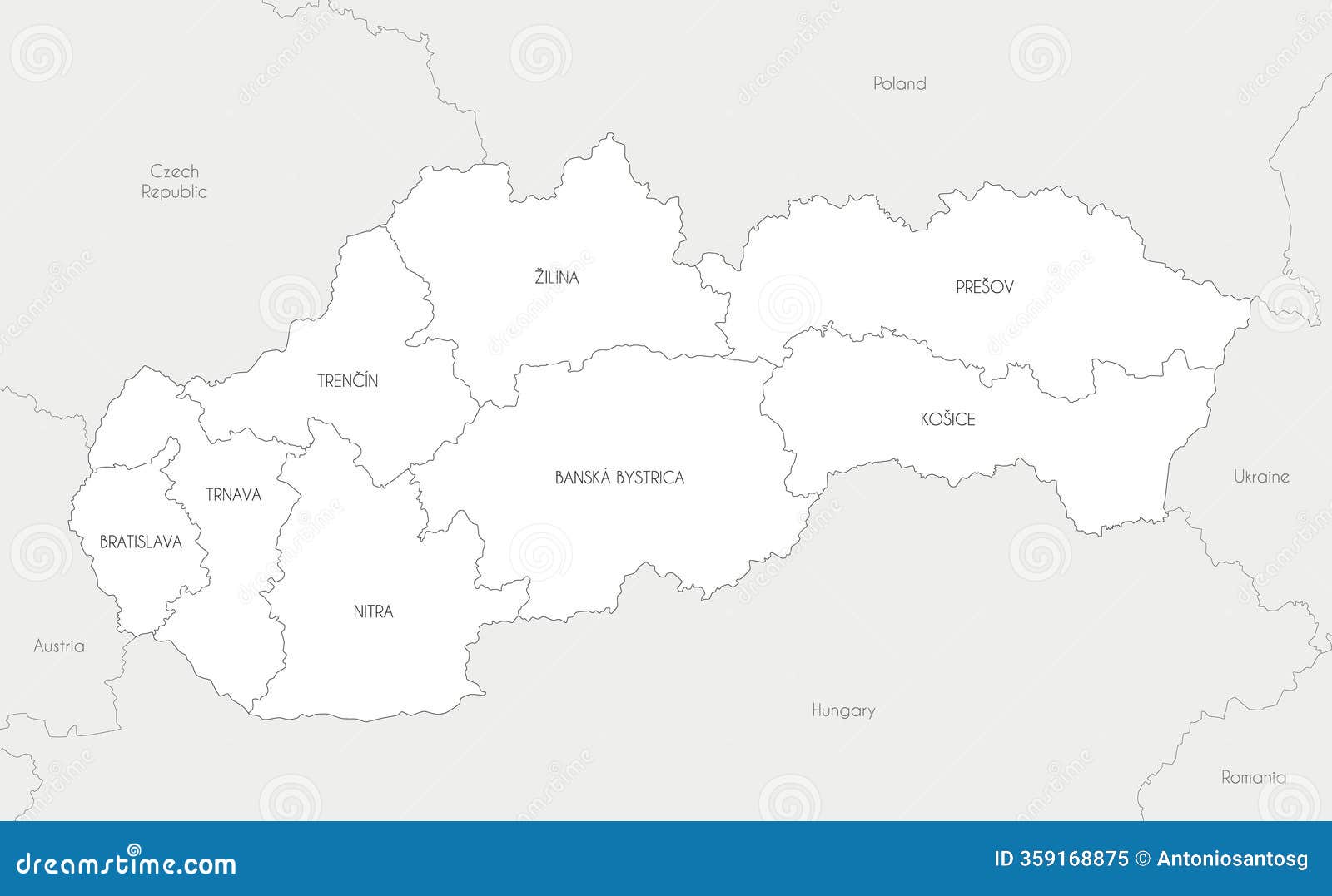  map of slovakia or slovak republic with regions and administrative divisions, and neighbouring countries and territories.