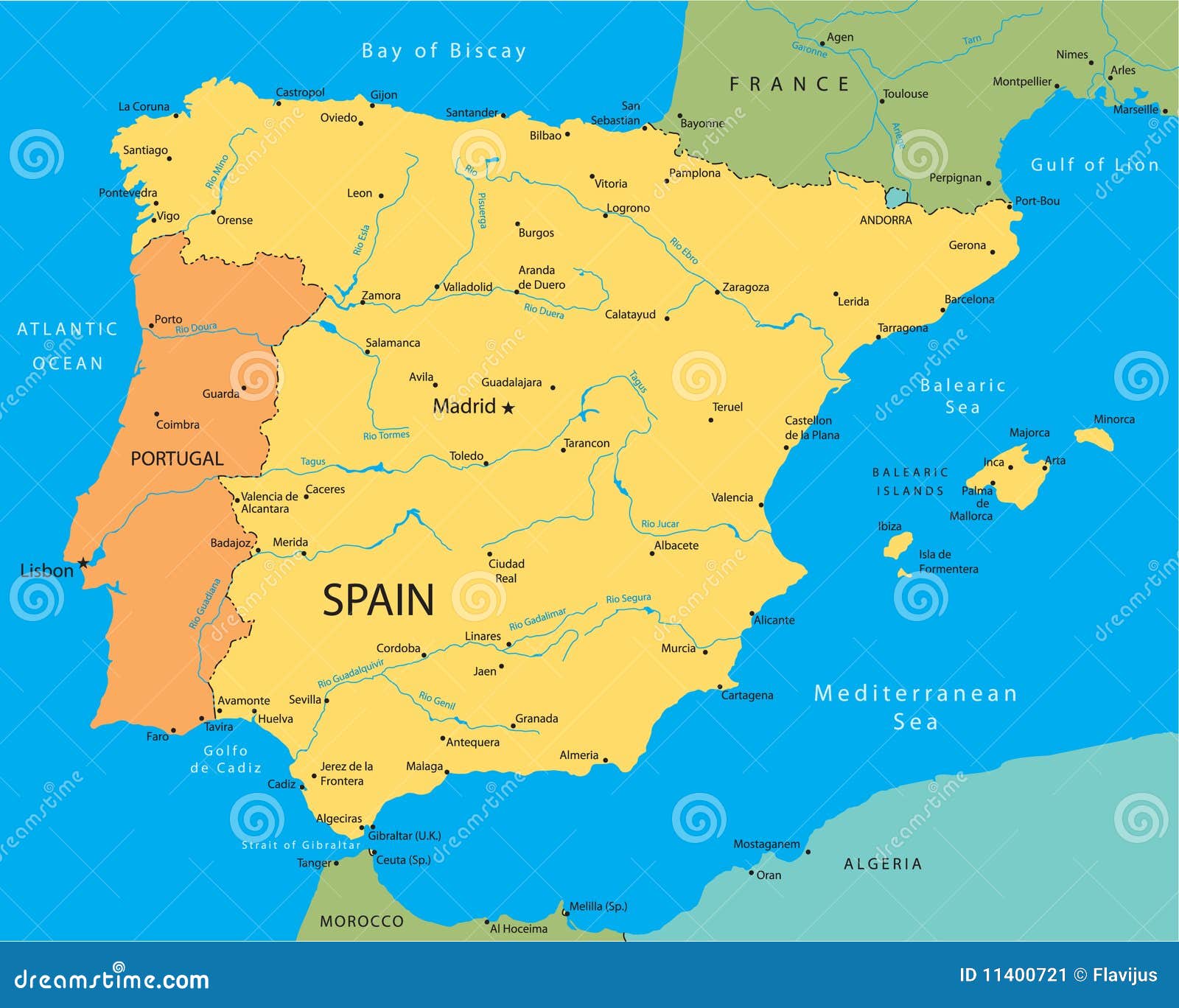 Portugal and Spain Political Map Stock Vector - Illustration of