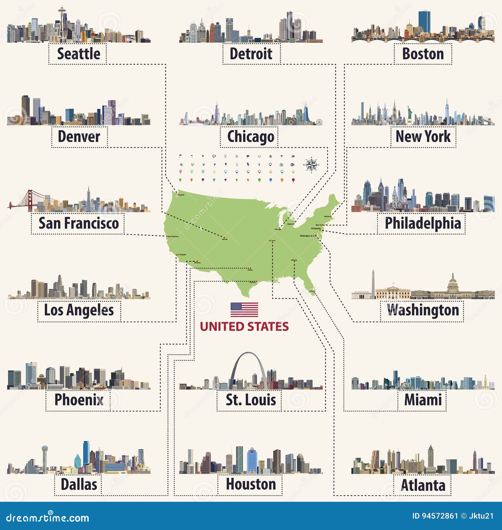 Vector Map Of United States Of America With Largest Cities` Skylines