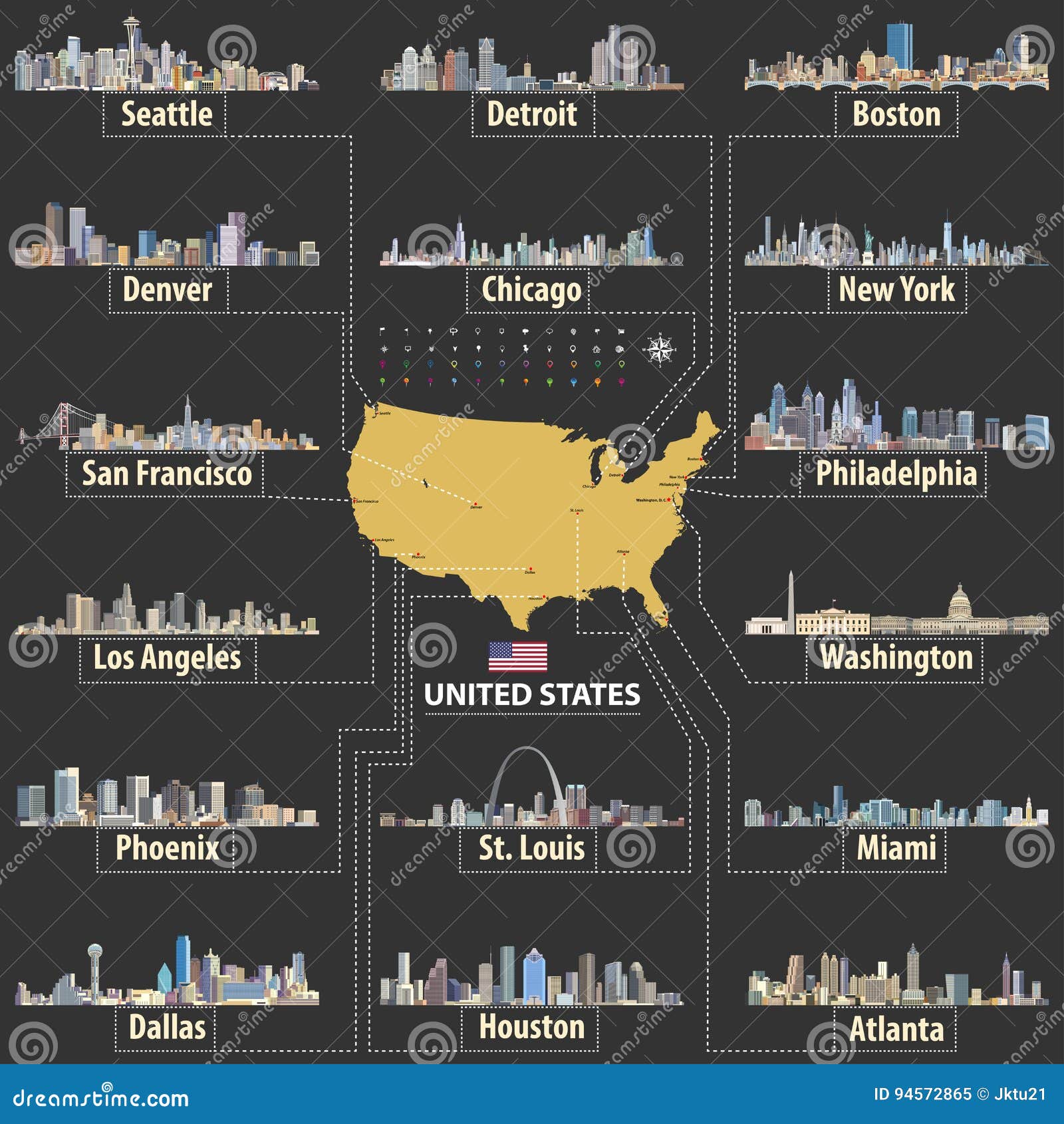 Vector Map Of United States Of America With Largest Cities` Skylines