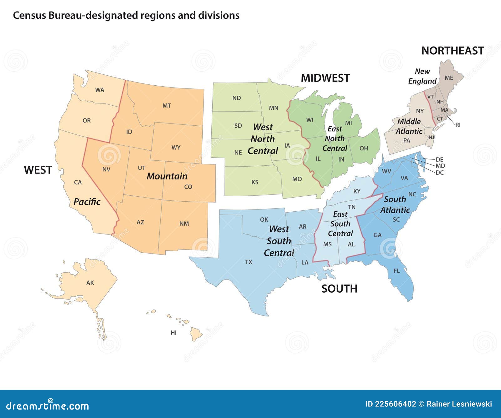 Vector Map of the United States Census Bureau Designated Regions and