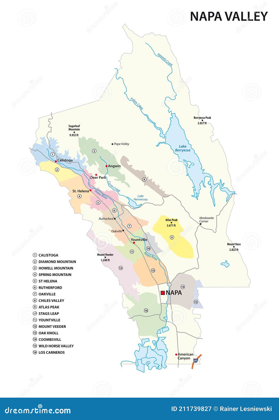  map of wine growing regions in californias napa valley district, united states