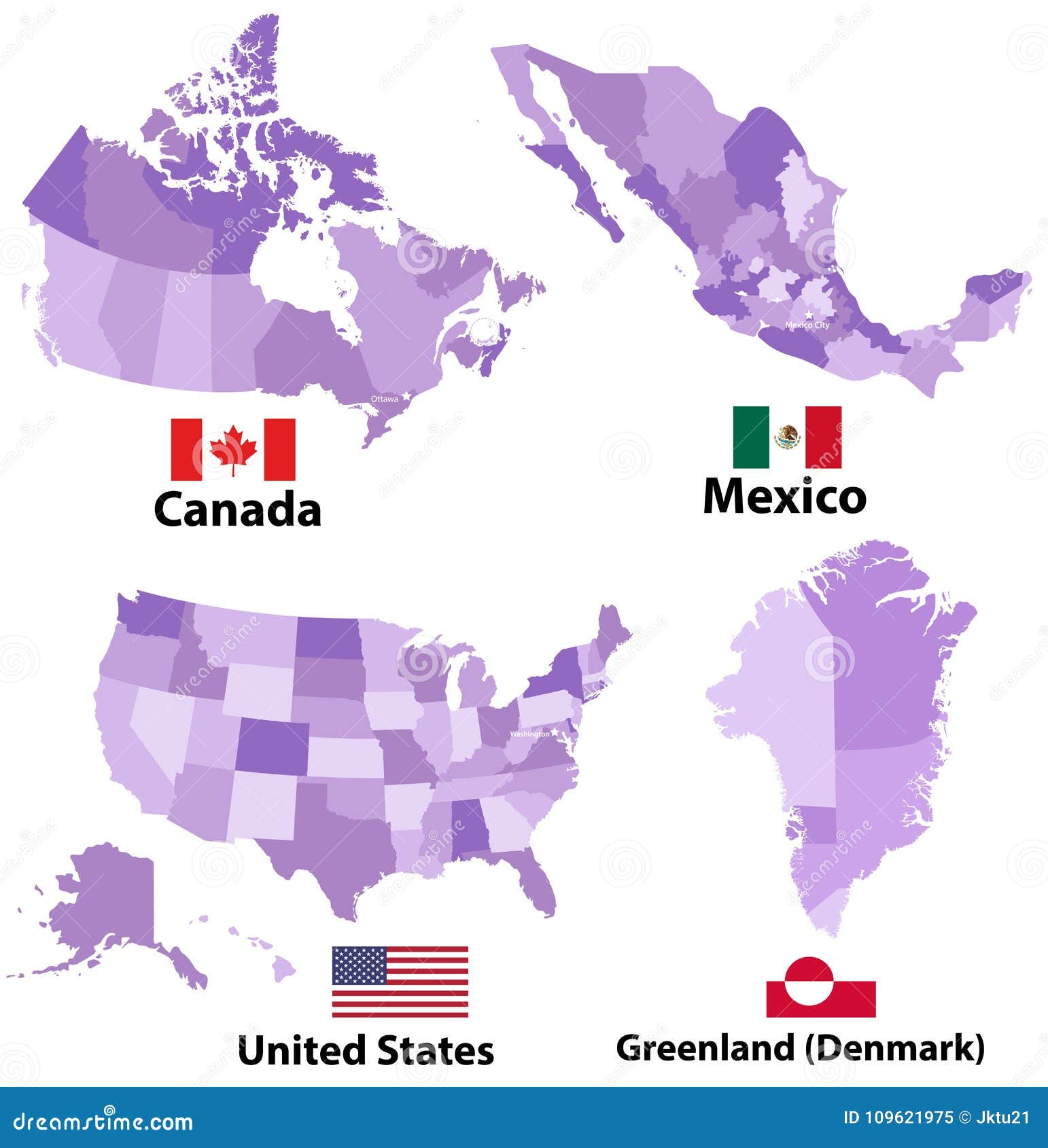 Vector Maps And Flags Of North America Countries With Administrative