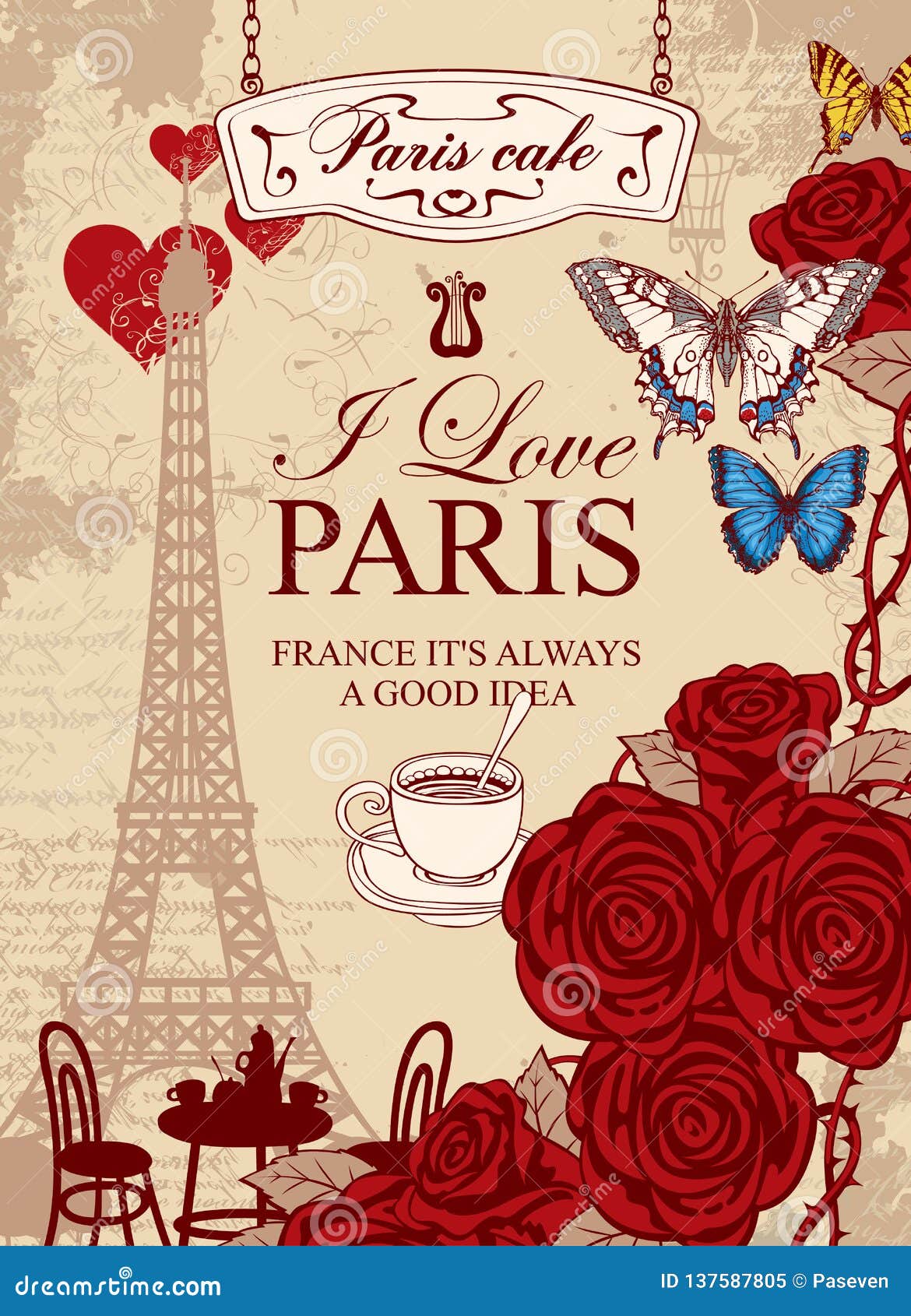 Parisian Street Cafe With View Of The Eiffel Tower Stock Vector
