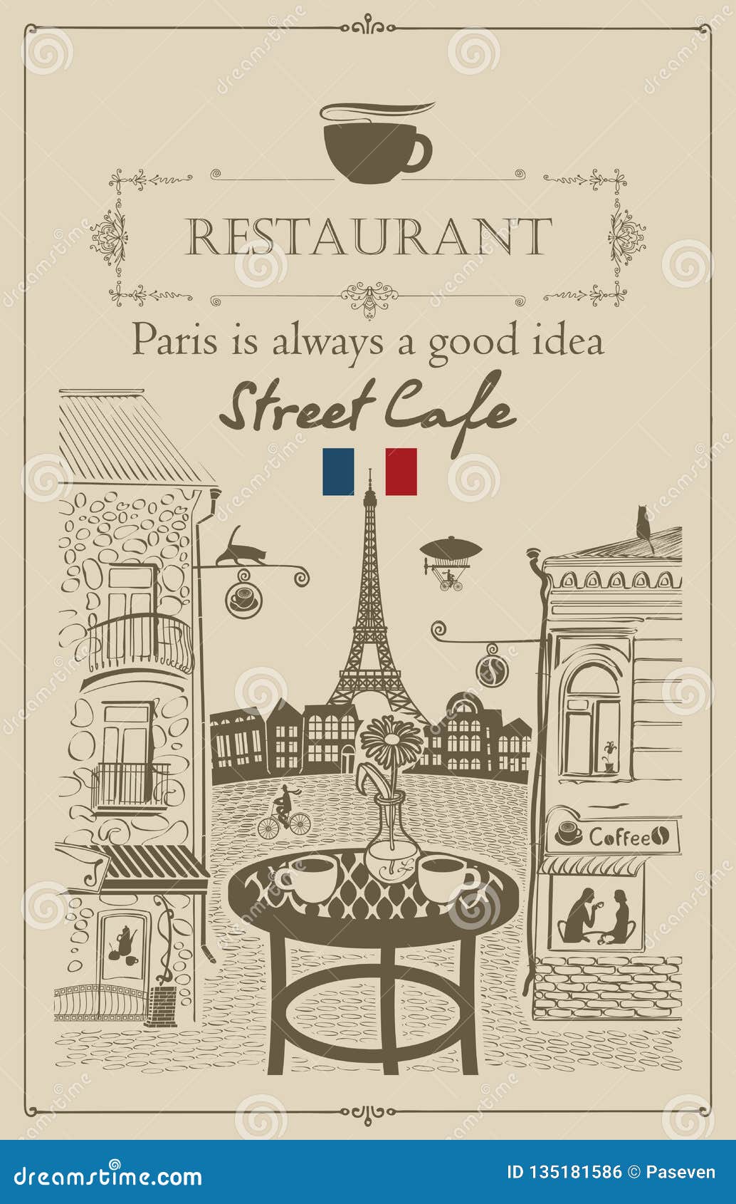 Parisian Street Cafe  With View Of The Eiffel  Tower  Stock 