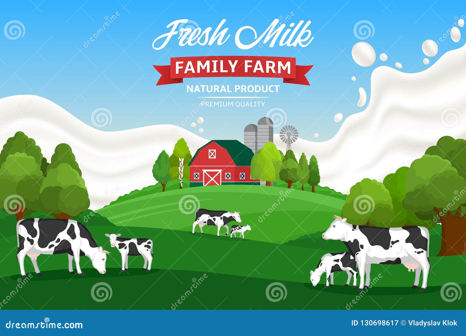 Vector Milk Illustration With Cows, Calves, Farm And Milk Splash ...