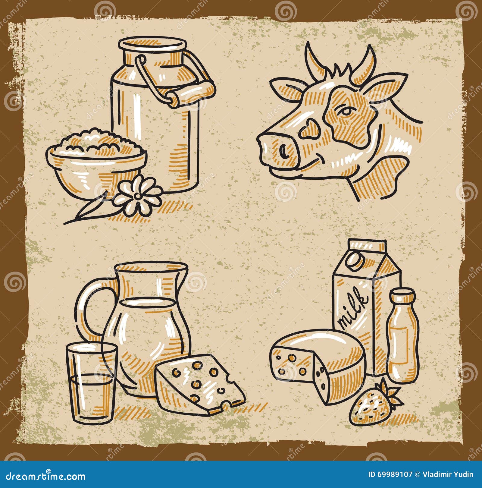 Dairy products vector collection. Milk products, cheese , butter, sour  cream, curd, yogurt. Farm foods. Farm landscape with cow. Hand drawn  illustration. Isolated objects on white Stock Vector | Adobe Stock