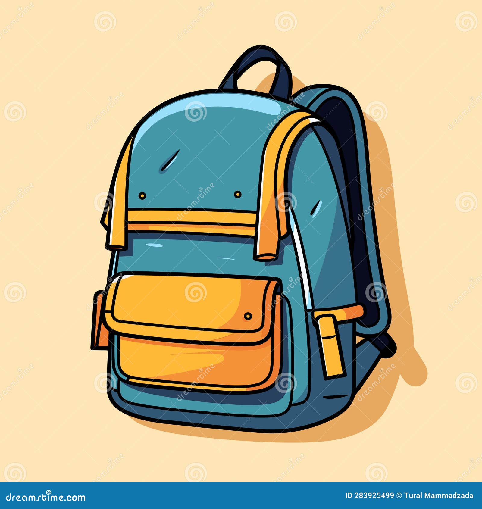 Vector of a Minimalist Flat Vector Icon of a Blue and Yellow Backpack with Yellow Straps Stock