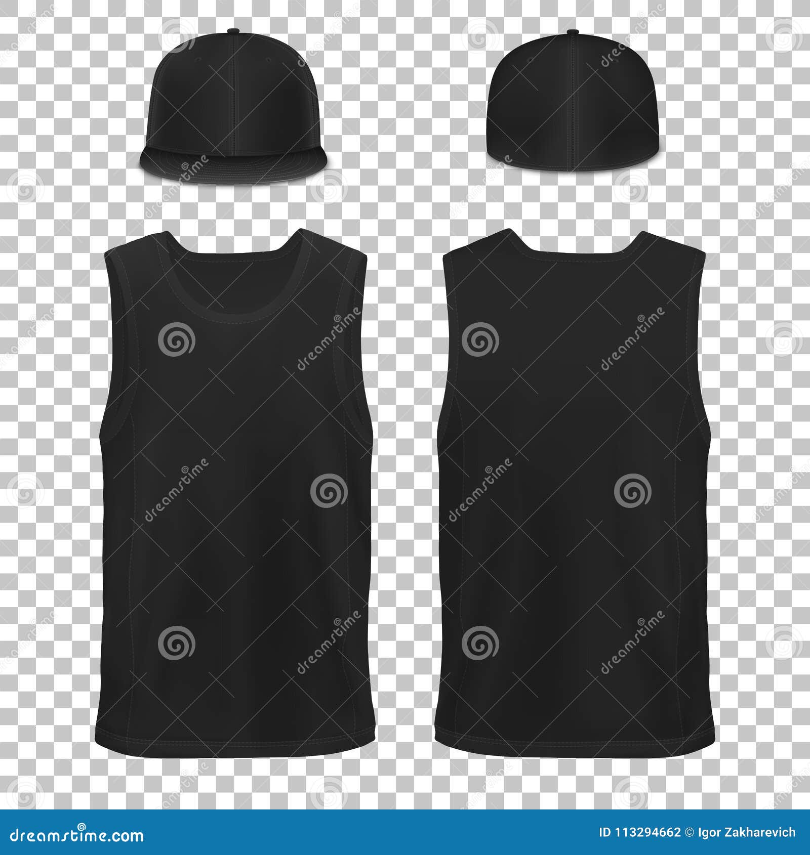 Download Vector Mock-up Black Set Clothes Sleeveless Shirt. Cap ...