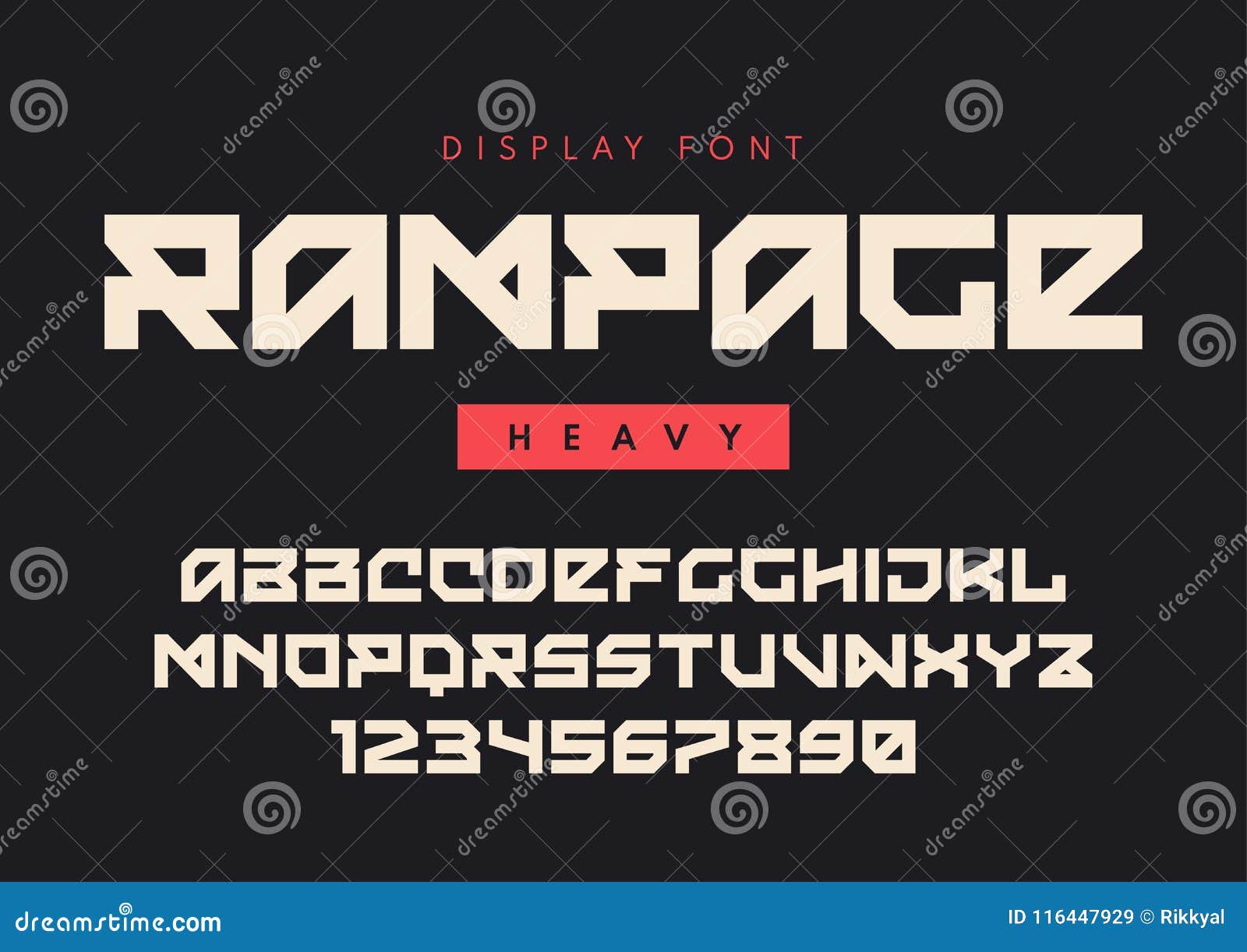  modern heavy display font named rampage, blocky typeface, futuristic uppercase letters and numbers, alphabet.
